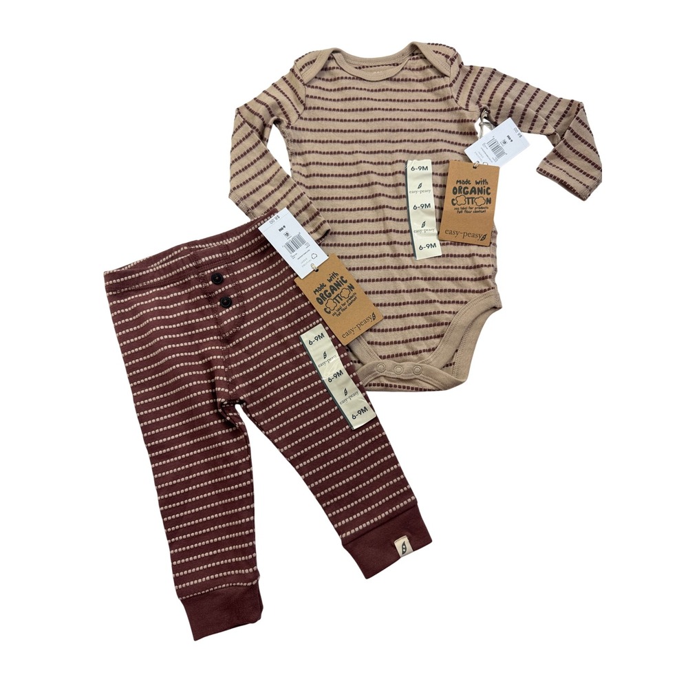 Easy-Peasy Organic Cotton Striped Bodysuit and Leggings Set Wine Tan 6-9M NWT